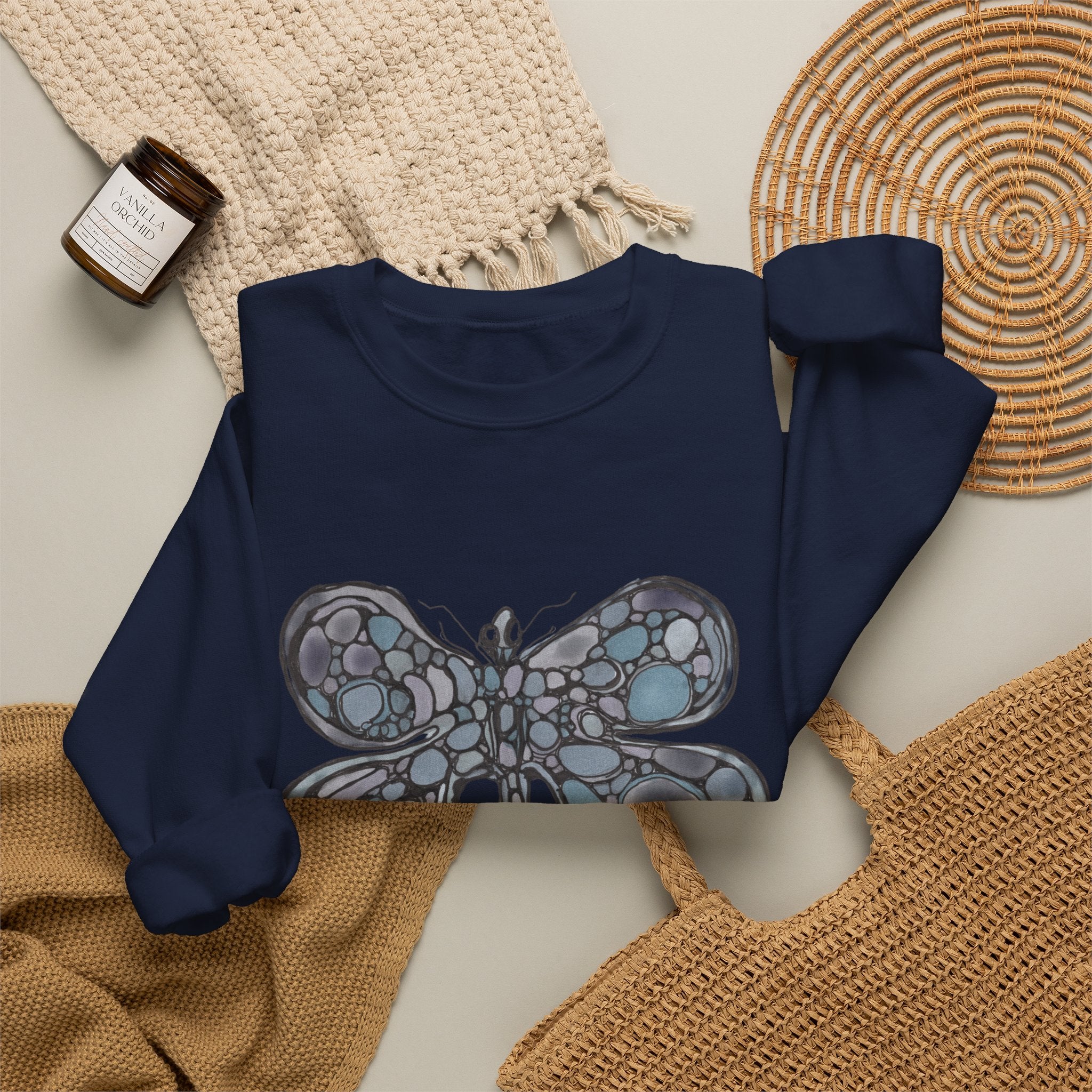 Butterfly Mosaic Crewneck Sweatshirt — Blue Stained-Glass Graphic
