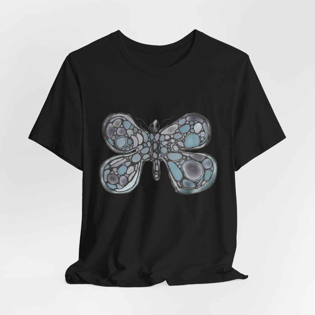 Butterfly Mosaic T‑Shirt — Blue Stained Glass Insect Tee