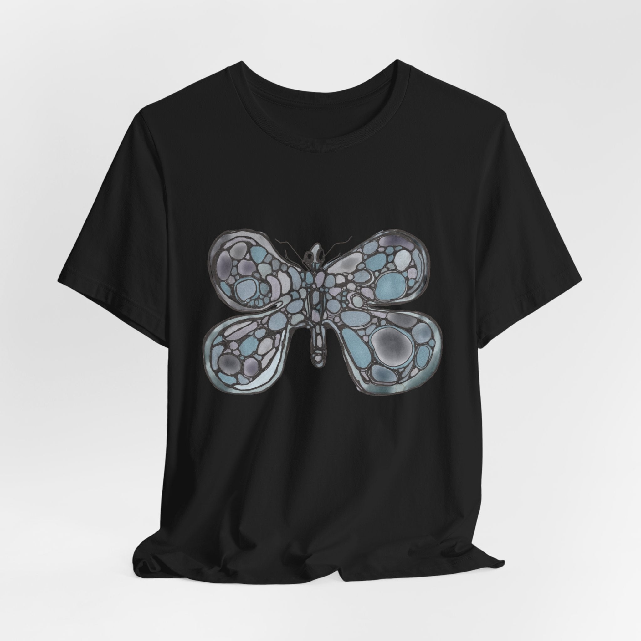 Butterfly Mosaic T‑Shirt — Blue Stained Glass Insect Tee