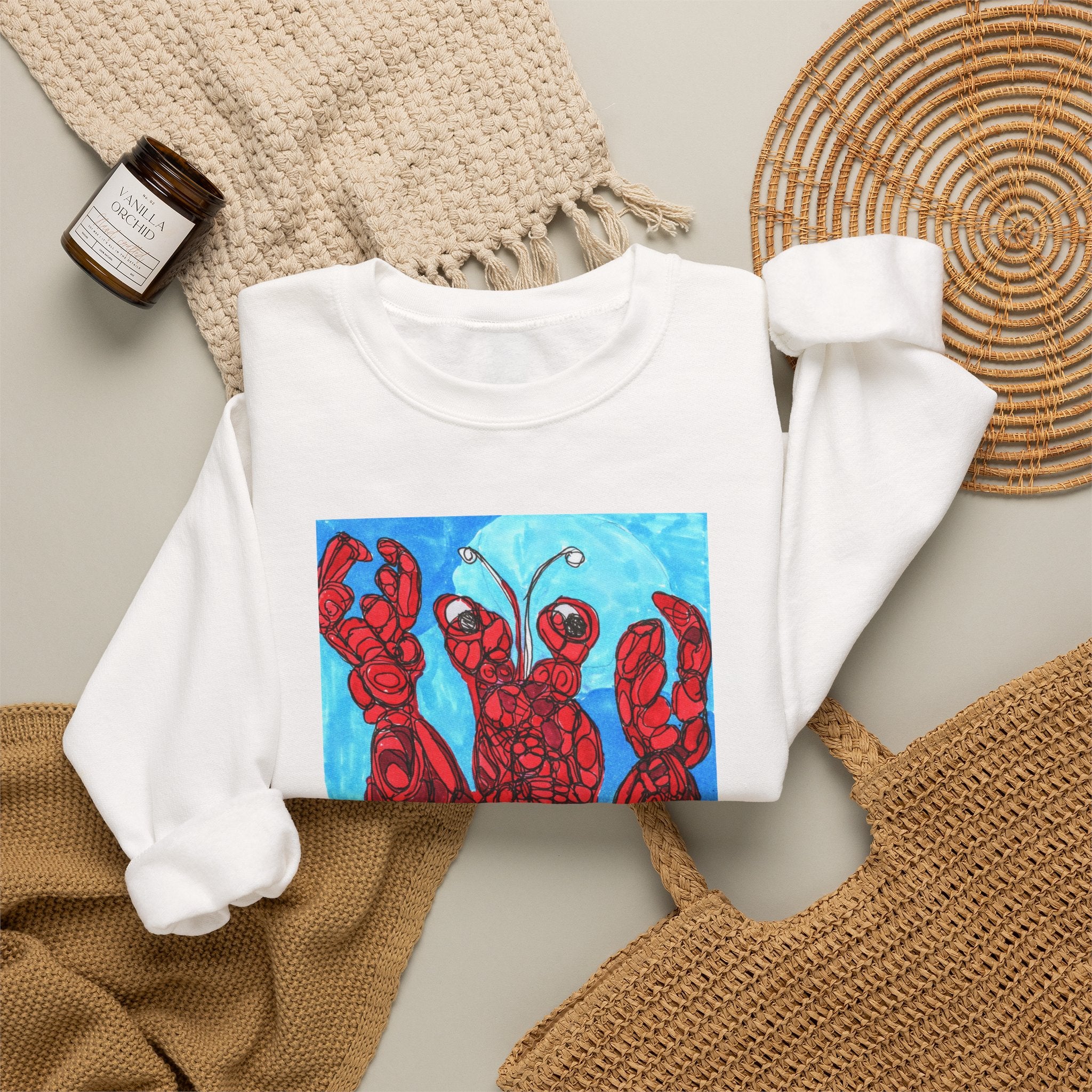 Lobster Art Crewneck Sweatshirt — Bold Red Lobster Graphic on Ocean Blue