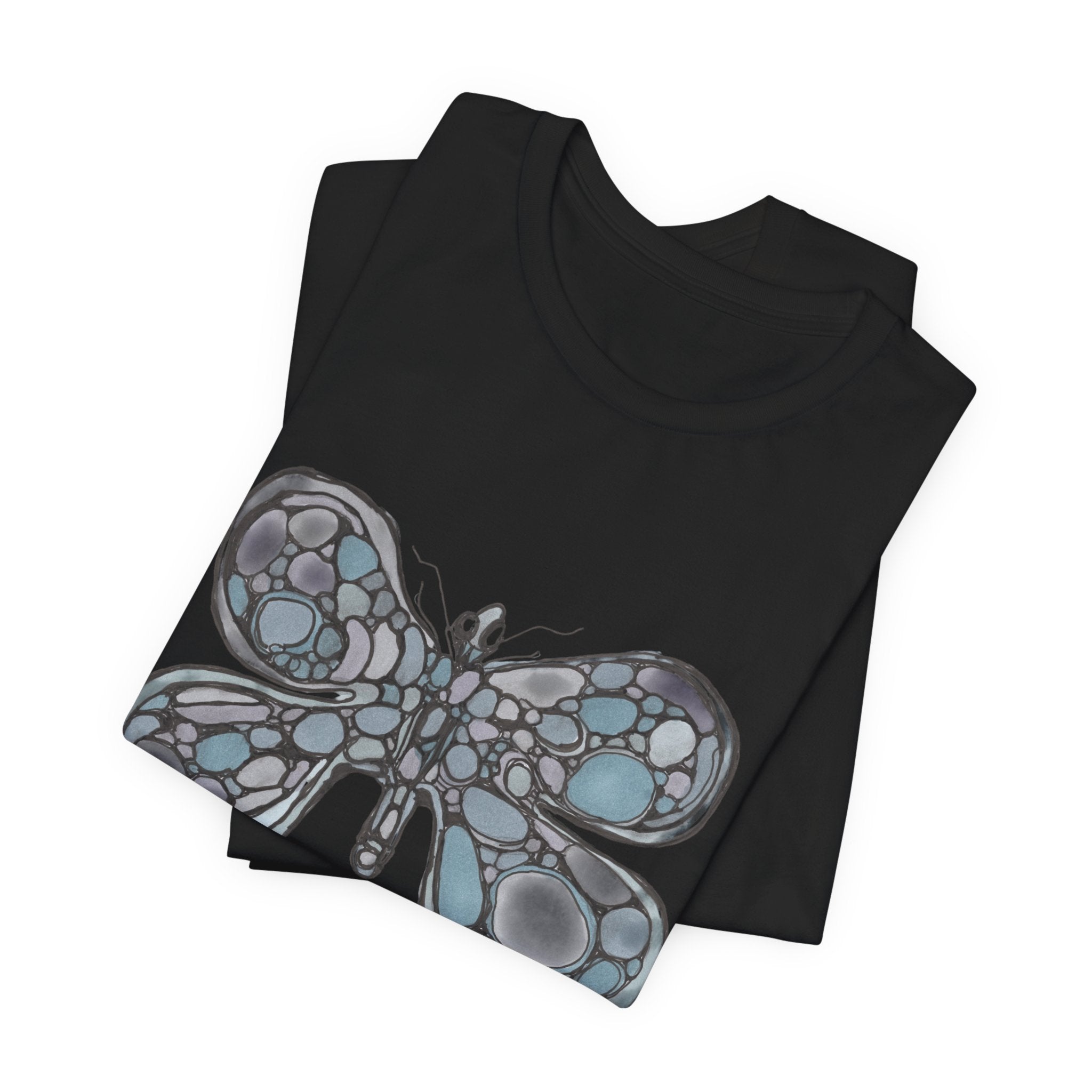 Butterfly Mosaic T‑Shirt — Blue Stained Glass Insect Tee