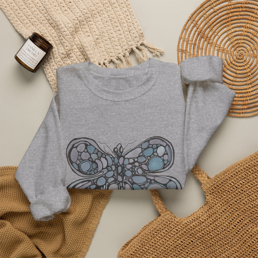 Butterfly Mosaic Crewneck Sweatshirt — Blue Stained-Glass Graphic