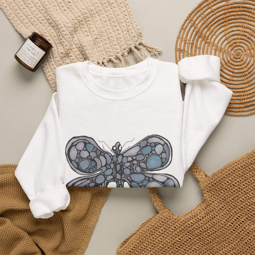 Butterfly Mosaic Crewneck Sweatshirt — Blue Stained-Glass Graphic