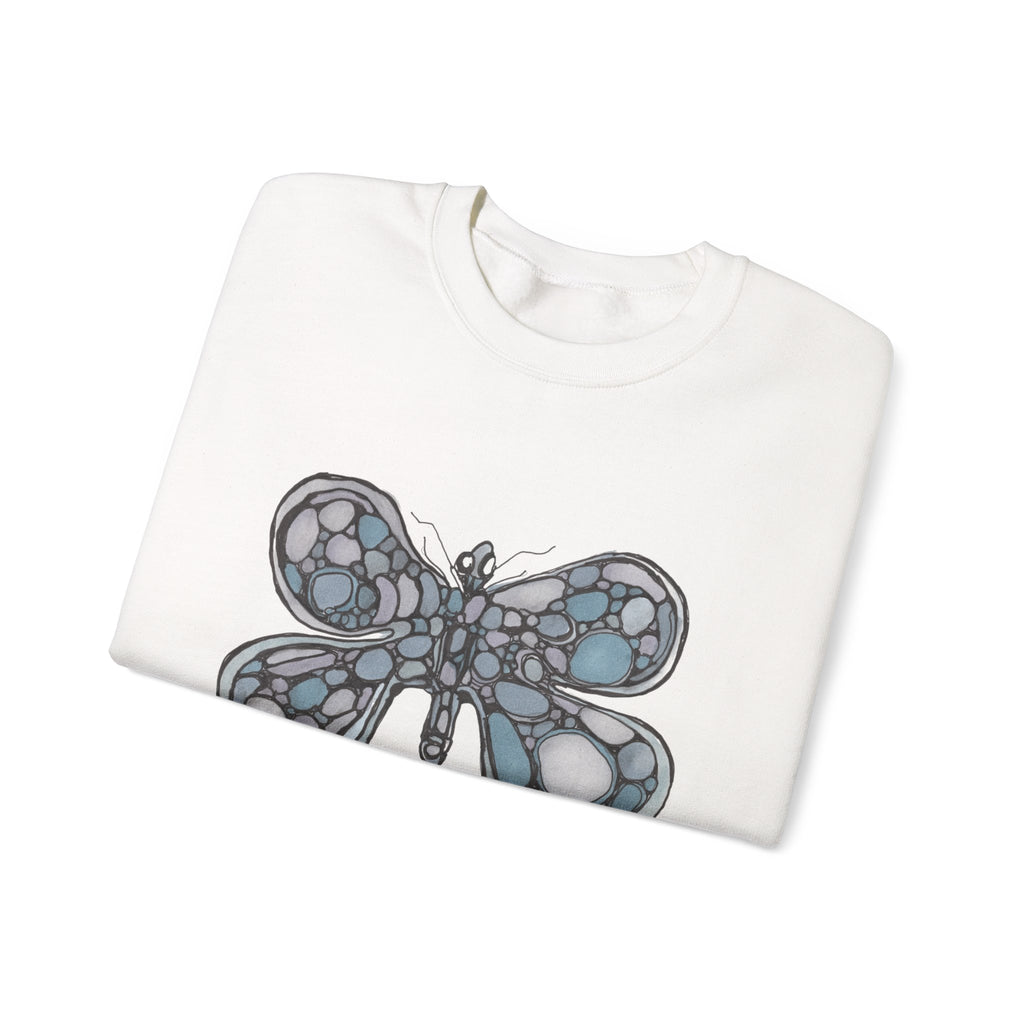 Butterfly Mosaic Crewneck Sweatshirt — Blue Stained-Glass Graphic