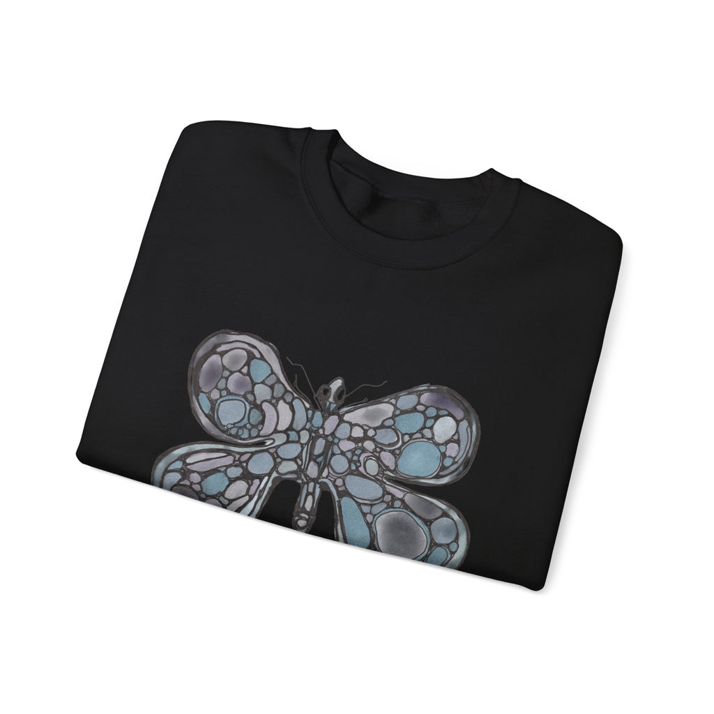Butterfly Mosaic Crewneck Sweatshirt — Blue Stained-Glass Graphic