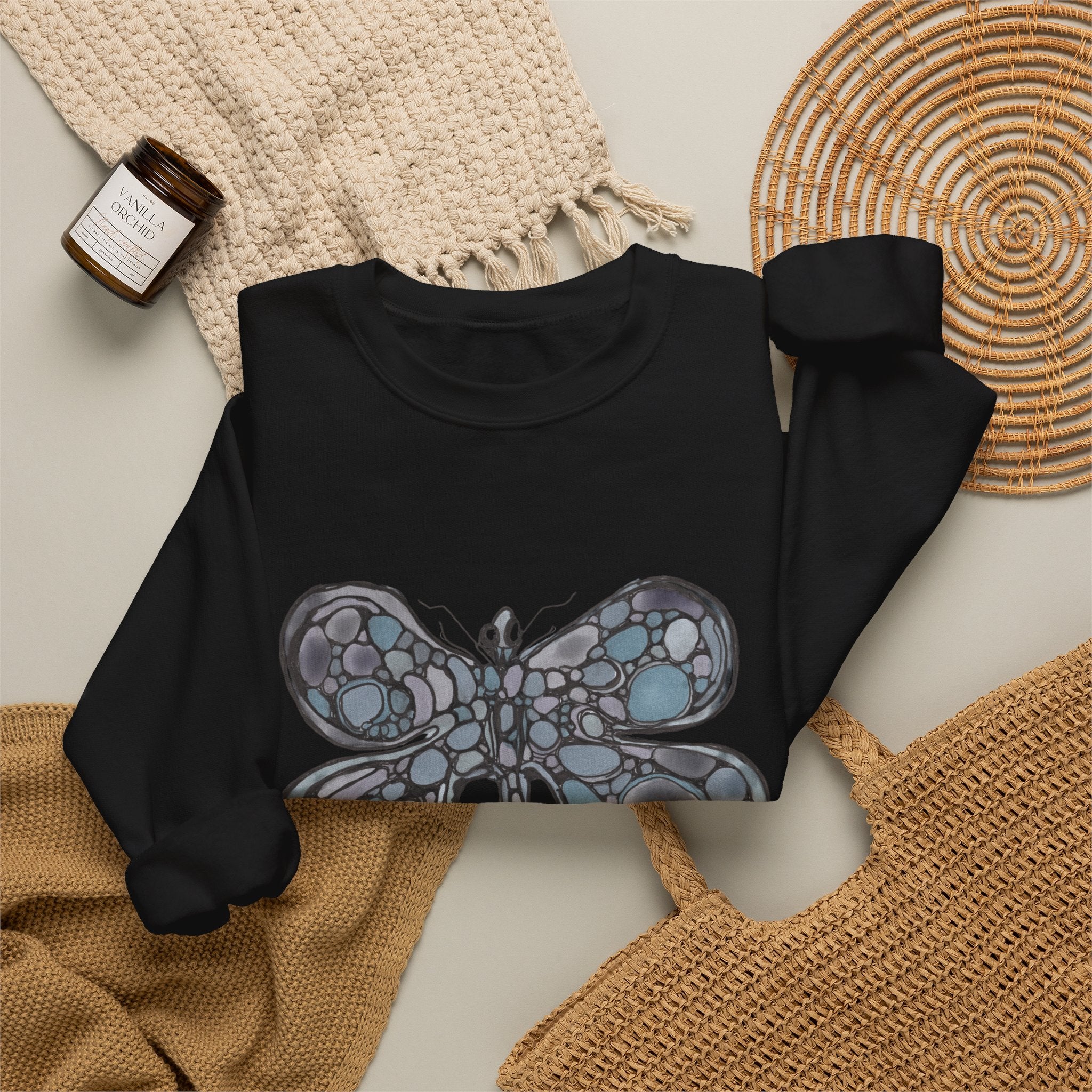 Butterfly Mosaic Crewneck Sweatshirt — Blue Stained-Glass Graphic
