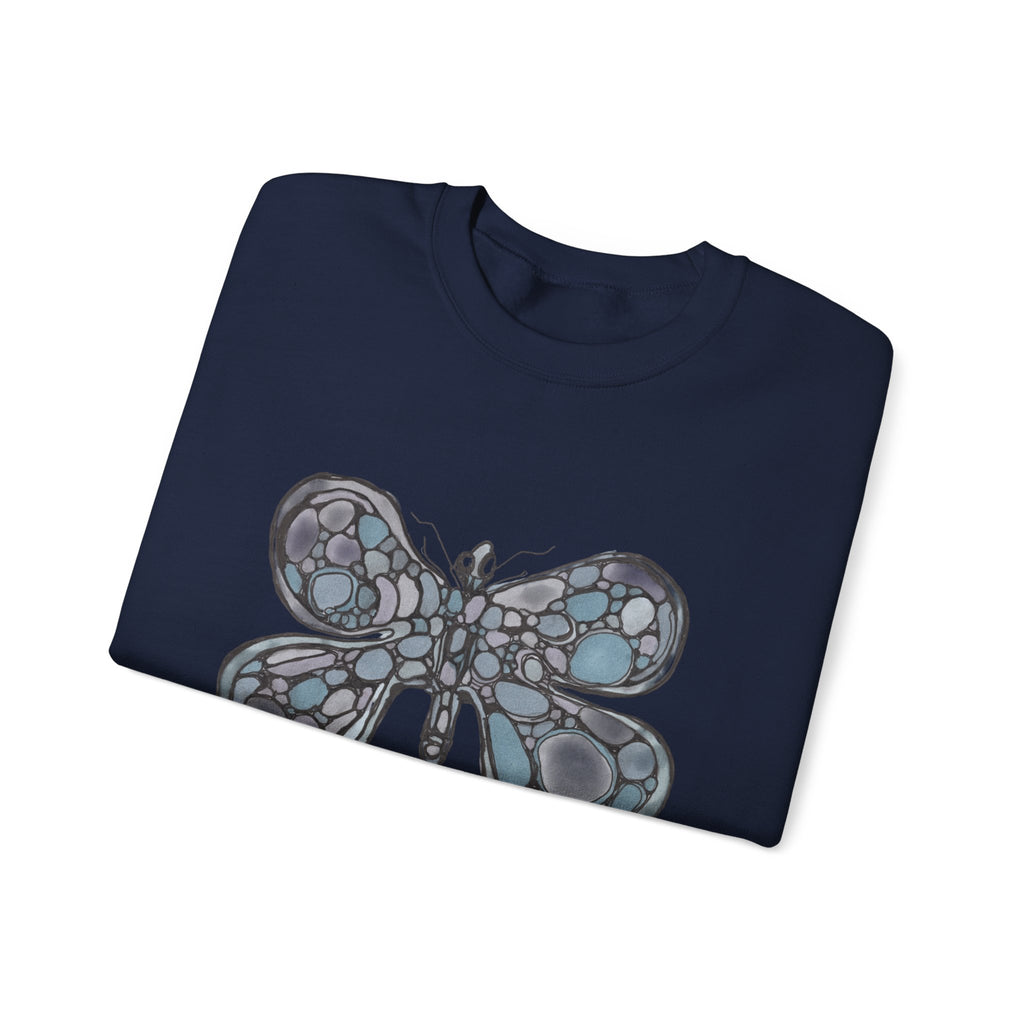 Butterfly Mosaic Crewneck Sweatshirt — Blue Stained-Glass Graphic