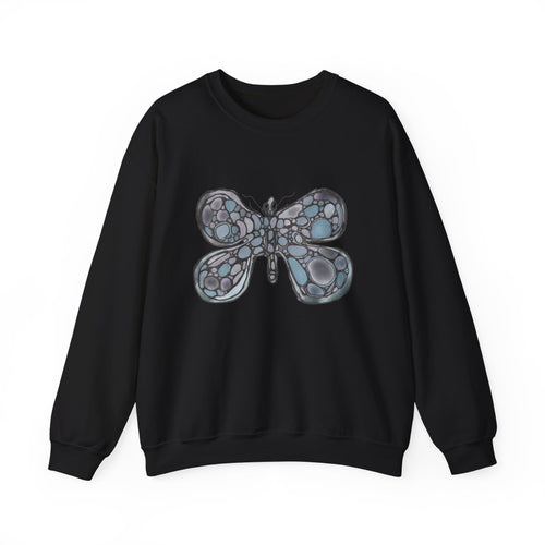 Butterfly Mosaic Crewneck Sweatshirt — Blue Stained-Glass Graphic