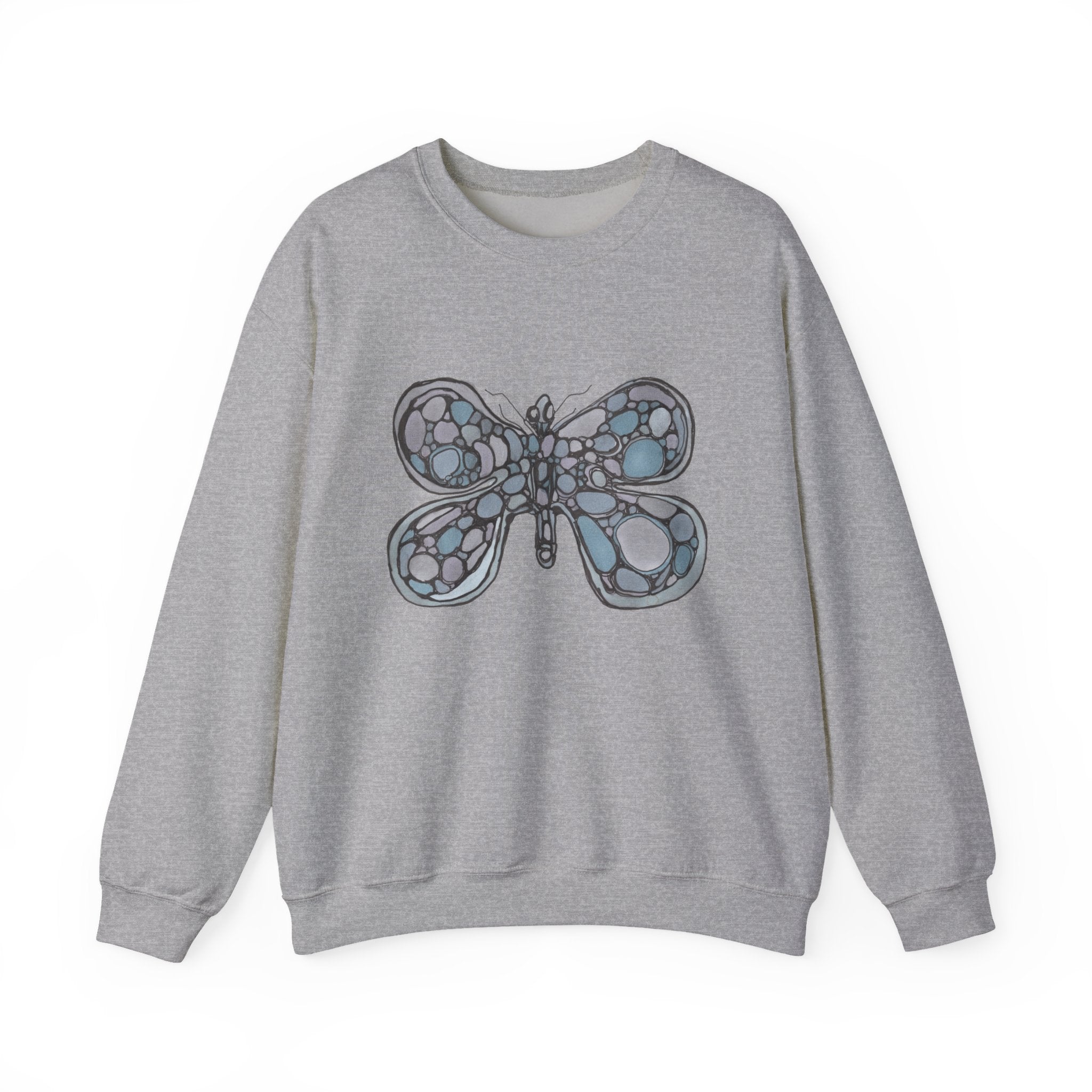 Butterfly Mosaic Crewneck Sweatshirt — Blue Stained-Glass Graphic