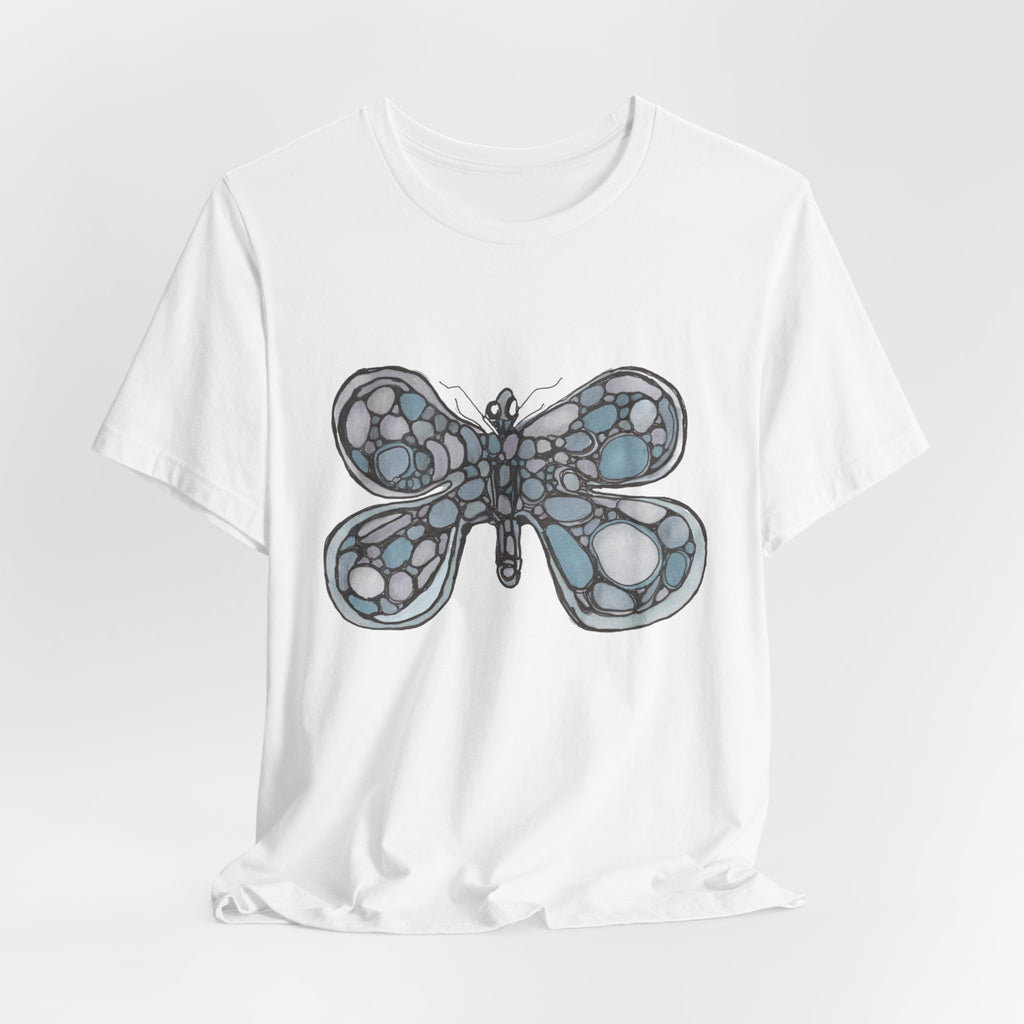 Butterfly Mosaic T‑Shirt — Blue Stained Glass Insect Tee