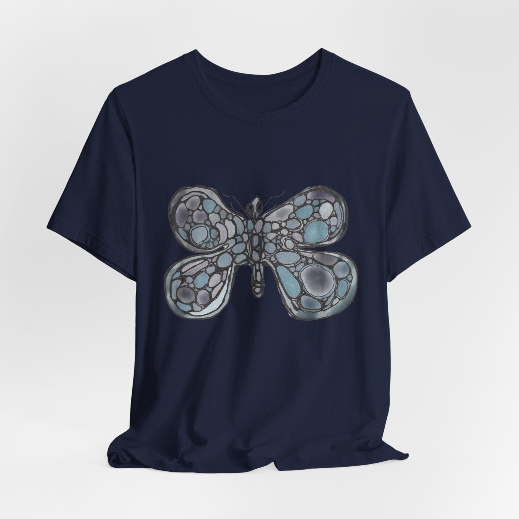 Butterfly Mosaic T‑Shirt — Blue Stained Glass Insect Tee