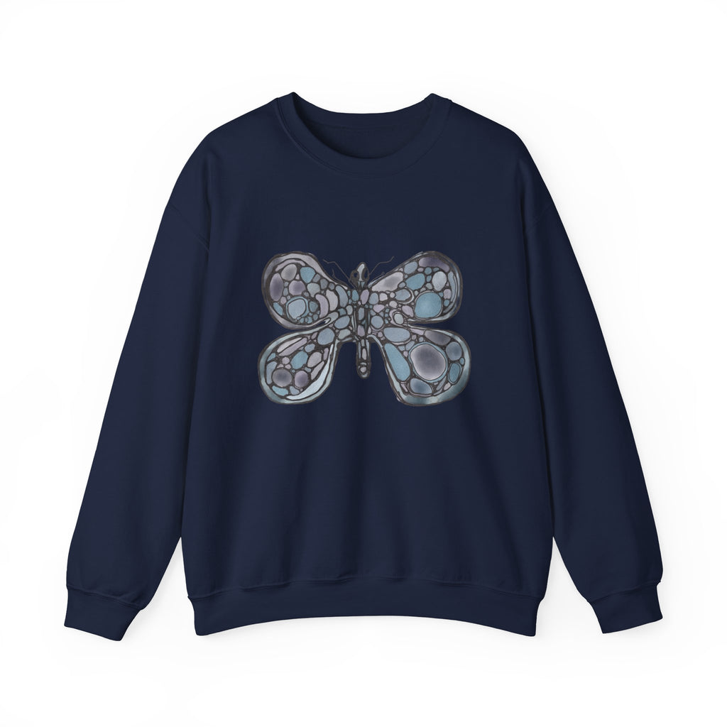 Butterfly Mosaic Crewneck Sweatshirt — Blue Stained-Glass Graphic