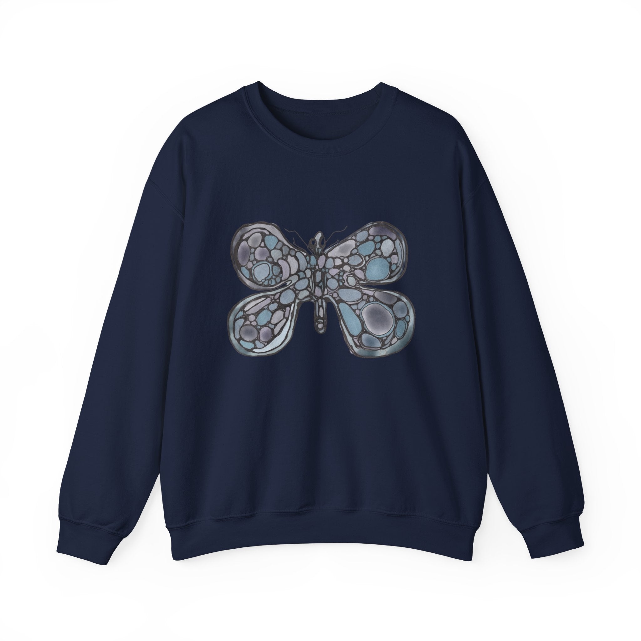 Butterfly Mosaic Crewneck Sweatshirt — Blue Stained-Glass Graphic