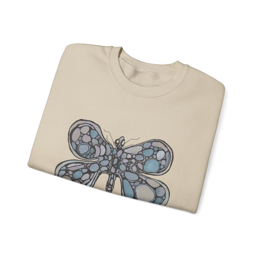 Butterfly Mosaic Crewneck Sweatshirt — Blue Stained-Glass Graphic