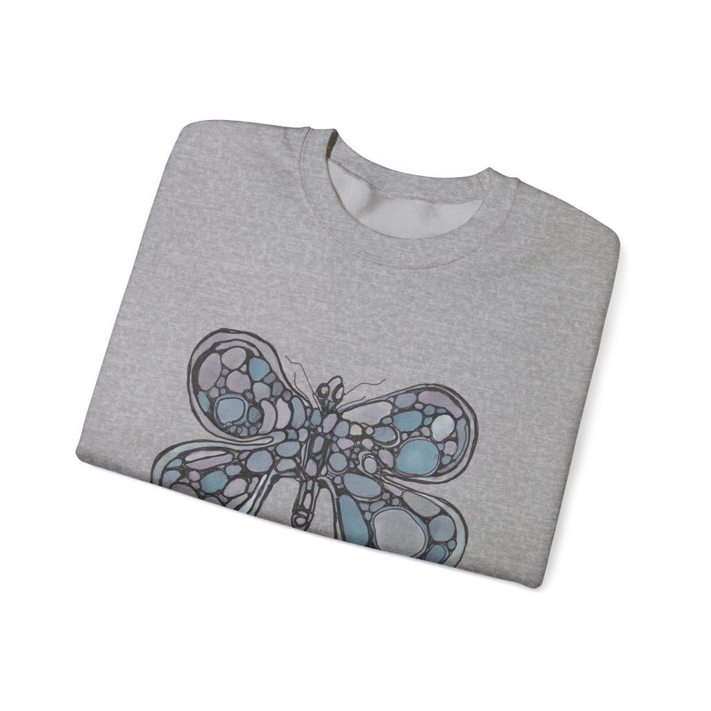 Butterfly Mosaic Crewneck Sweatshirt — Blue Stained-Glass Graphic