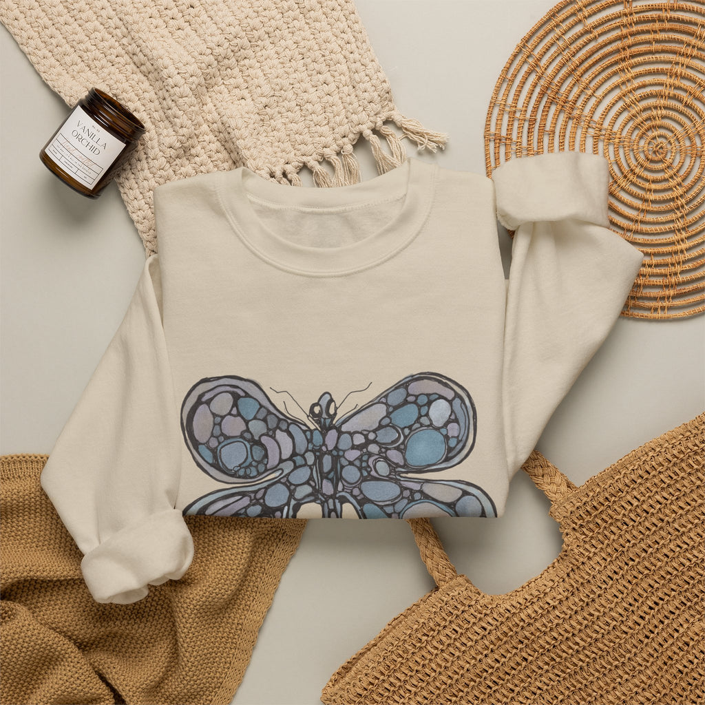 Butterfly Mosaic Crewneck Sweatshirt — Blue Stained-Glass Graphic