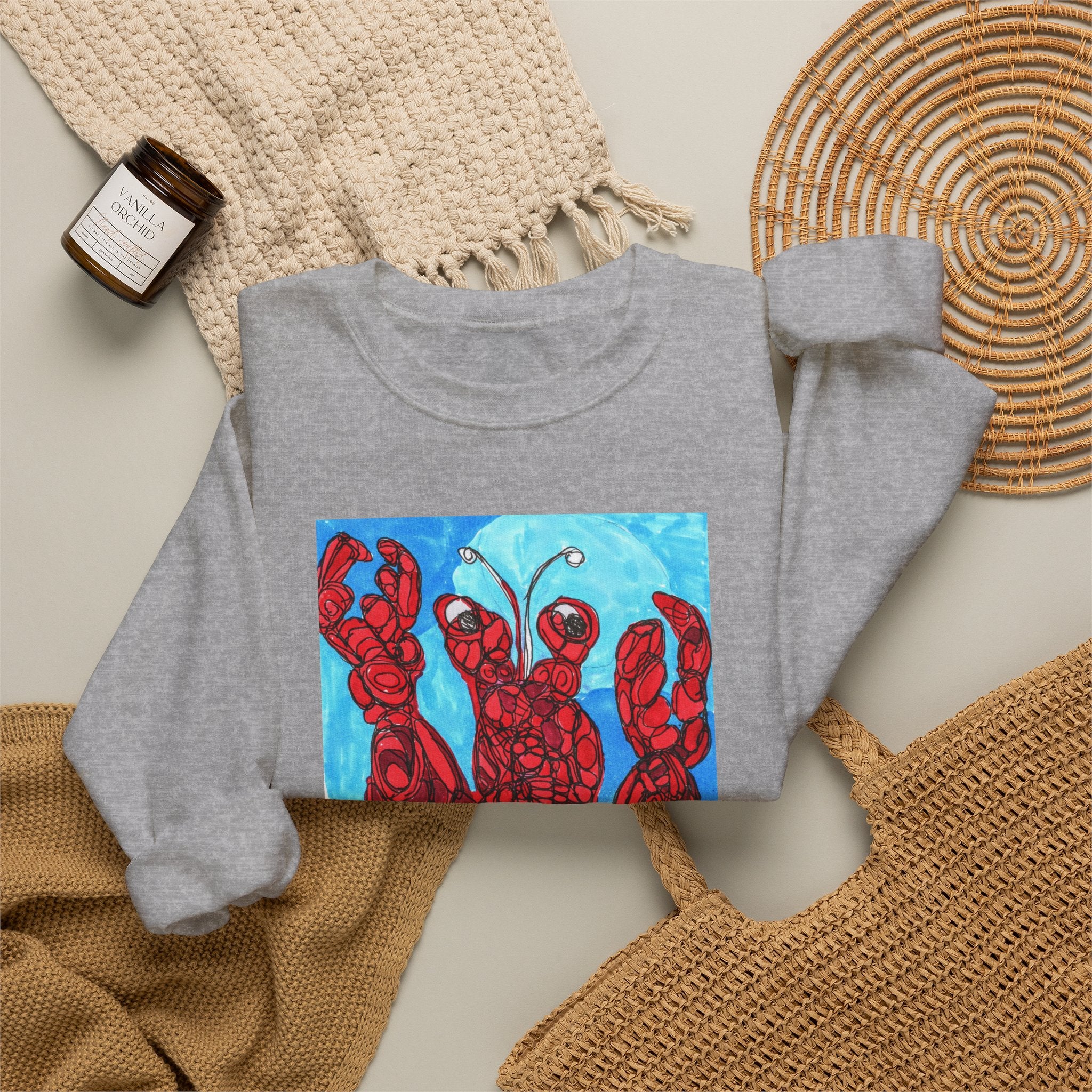 Lobster Art Crewneck Sweatshirt — Bold Red Lobster Graphic on Ocean Blue