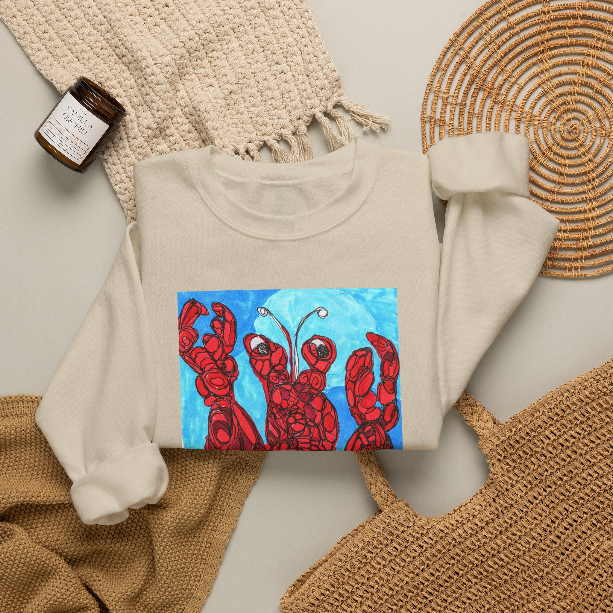 Lobster Art Crewneck Sweatshirt — Bold Red Lobster Graphic on Ocean Blue