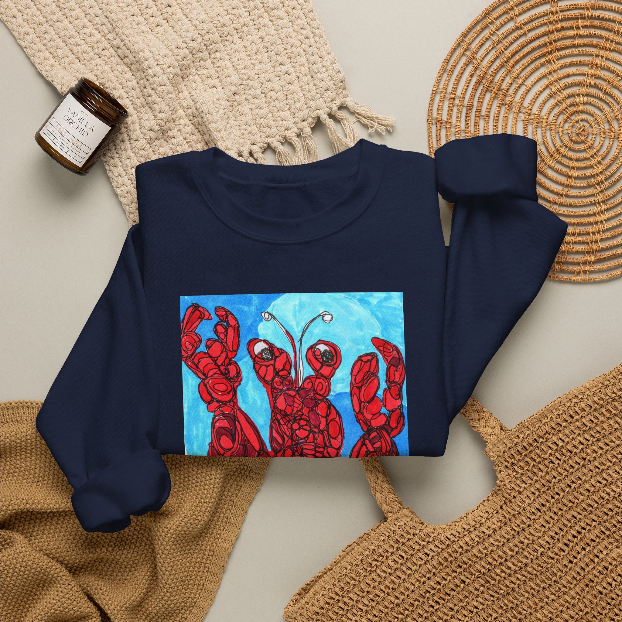 Lobster Art Crewneck Sweatshirt — Bold Red Lobster Graphic on Ocean Blue